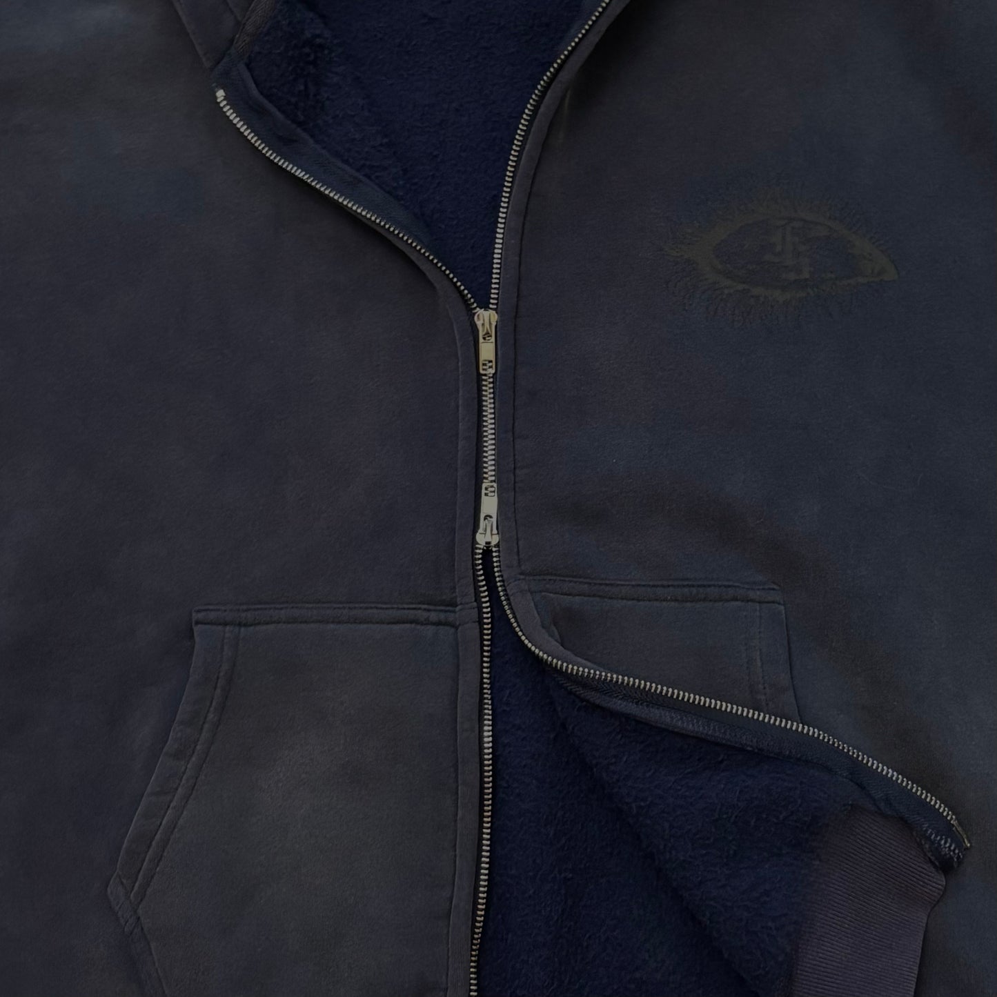 Blue acid wash zip-up hoodie
